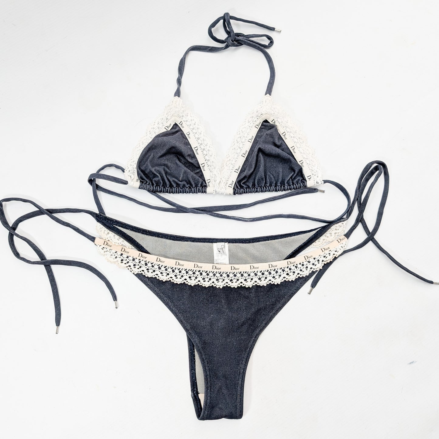 Denim-effect swimsuit with lace trim - Dior by Galliano
