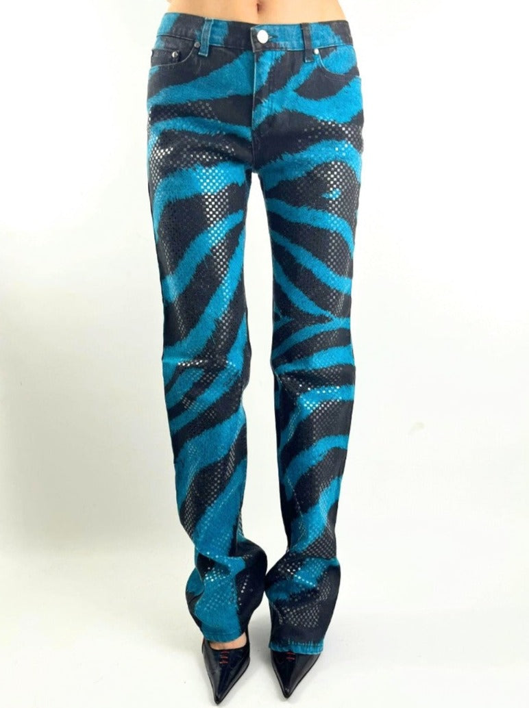 Sparkling jeans Roberto Cavalli zebra motif trompe l'oeil blue - M