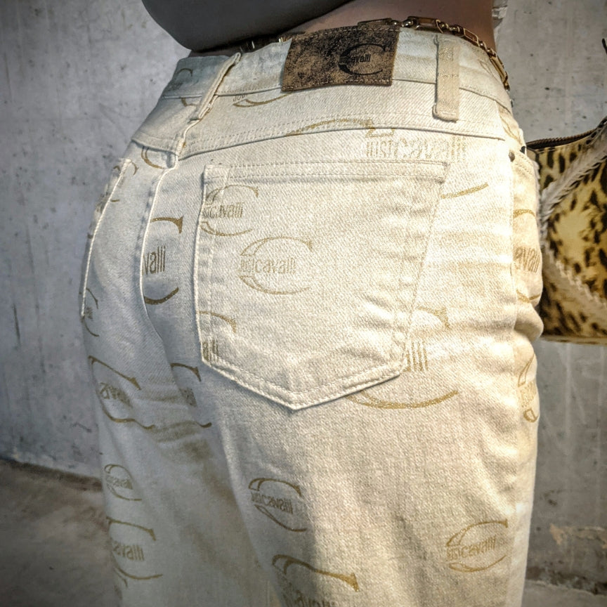 Beige stretch straight jeans decorated with Cavalli logo - S/M