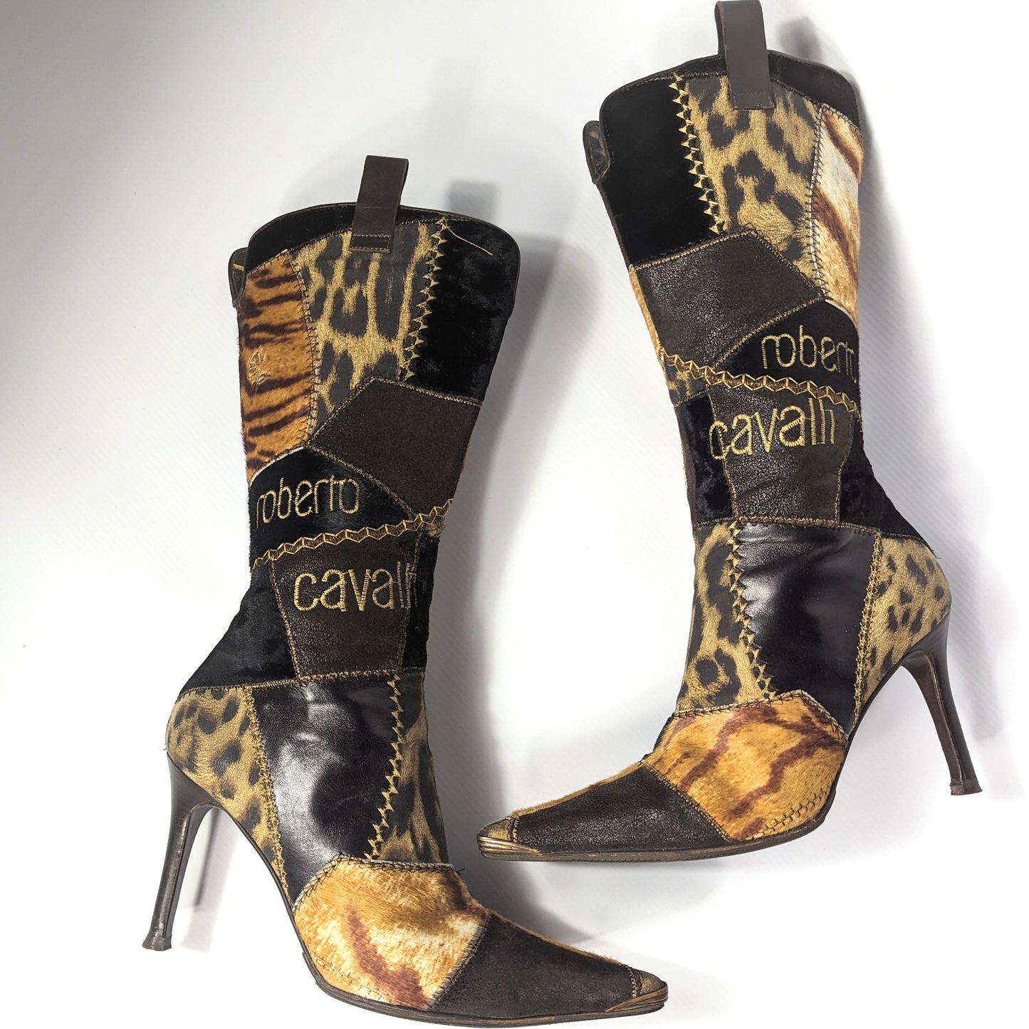 Roberto Cavalli leather and fur patchwork boots - EU38 | UK5 | US6.5