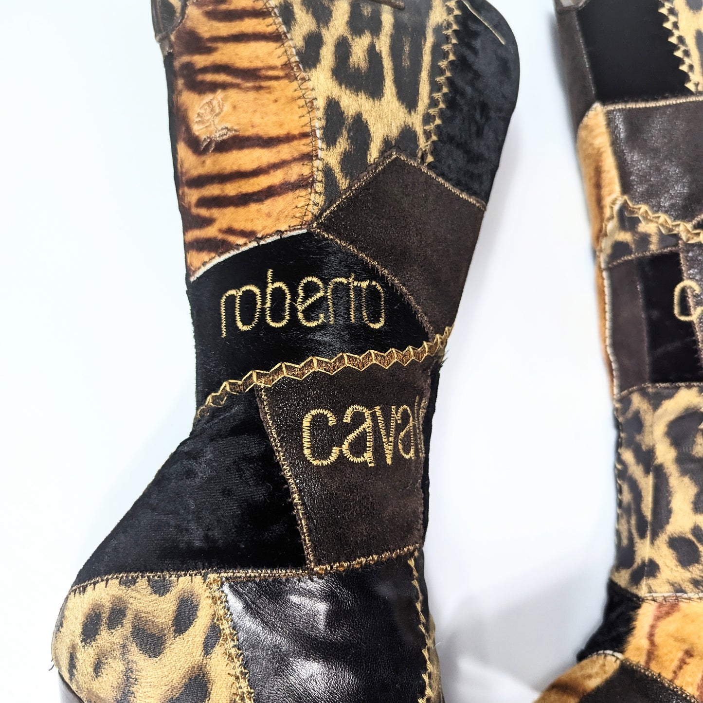 Roberto Cavalli leather and fur patchwork boots - EU38 | UK5 | US6.5