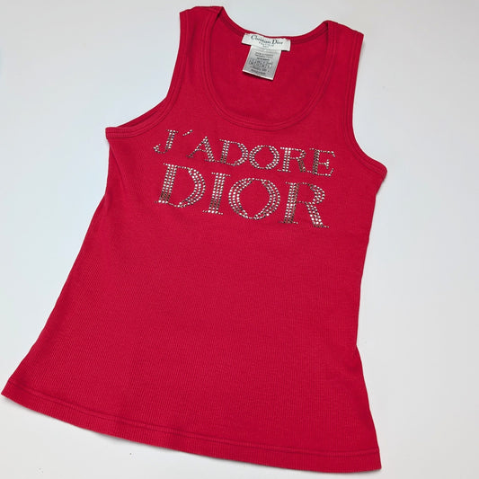 Red “J’adore Dior” tank top with rhinestones