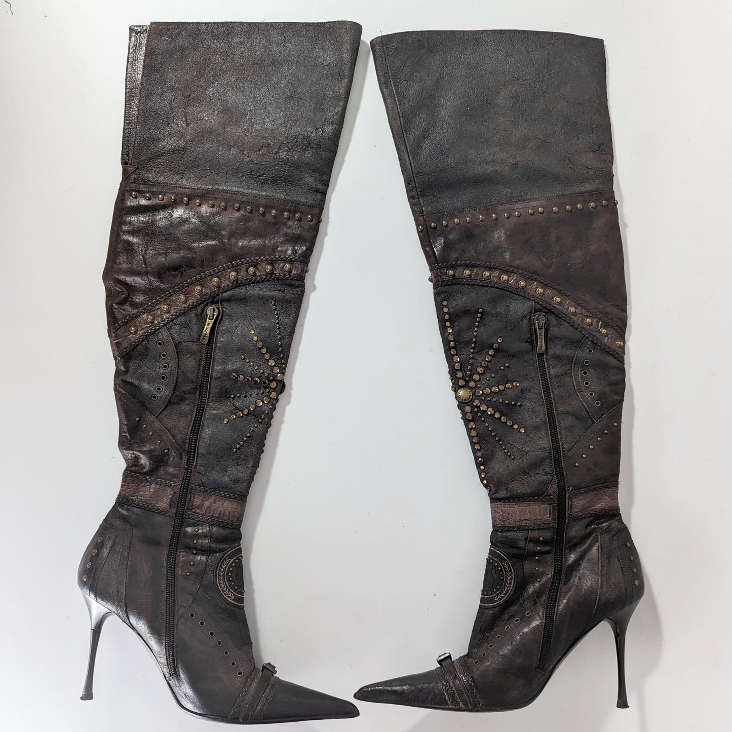 El Dantes Thigh High Boots in Biker-Effect Leather, Embellished with Beads - FR41|7.5UK|9US