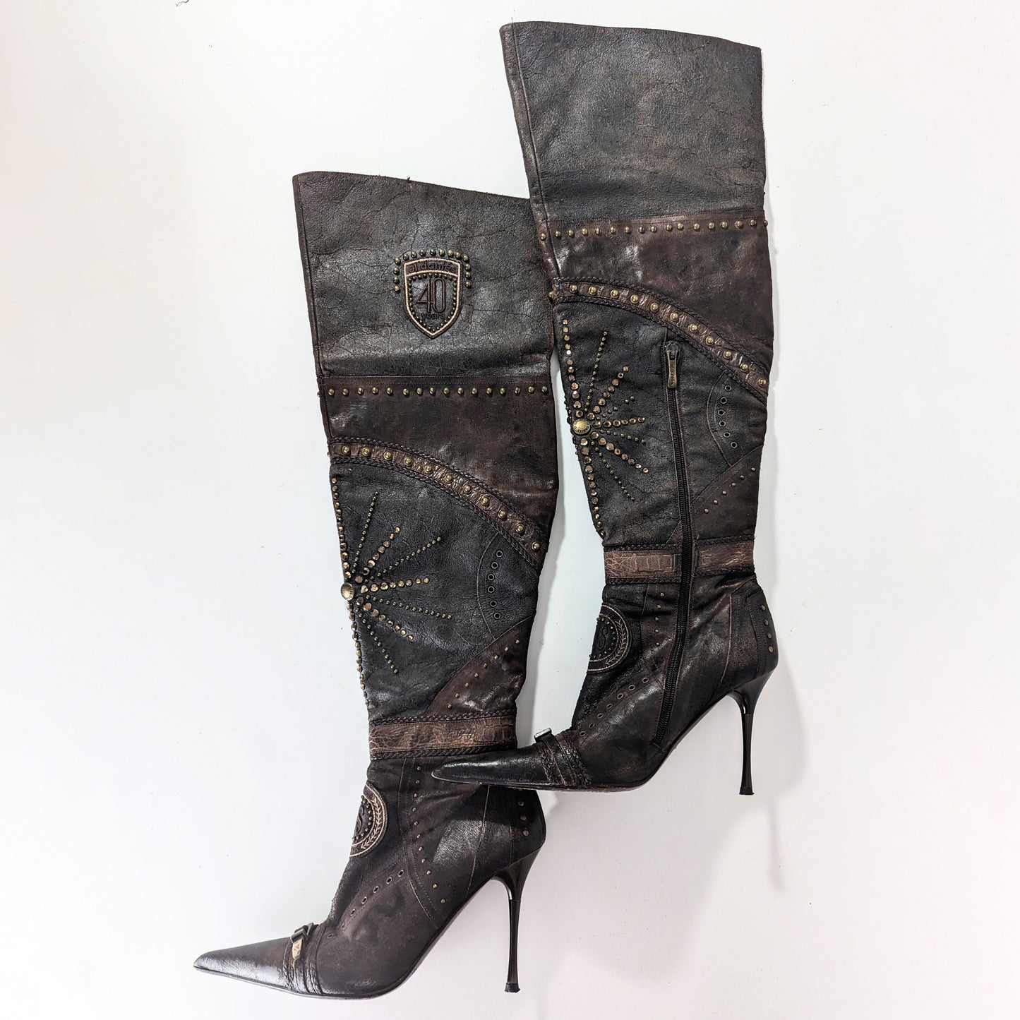 El Dantes Thigh High Boots in Biker-Effect Leather, Embellished with Beads - FR41|7.5UK|9US