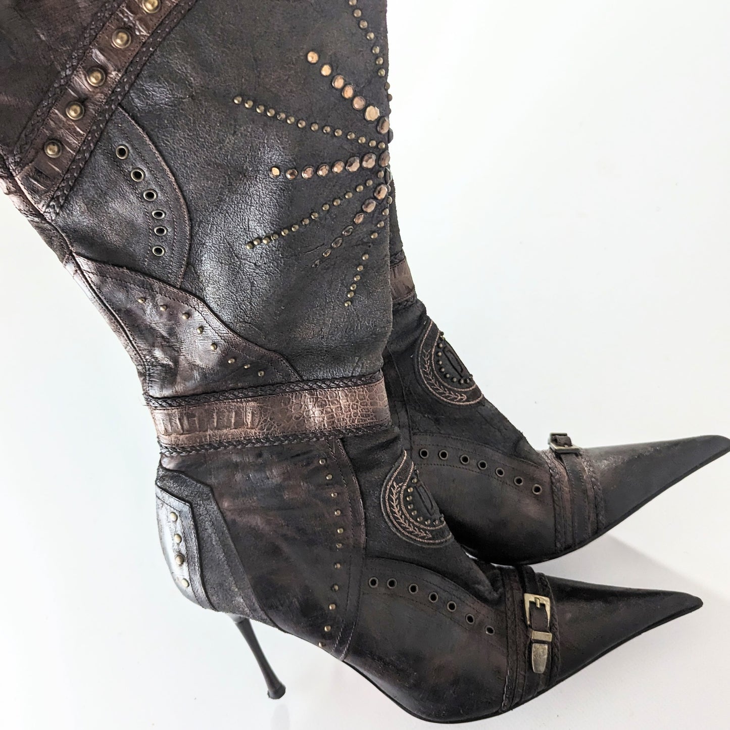 El Dantes Thigh High Boots in Biker-Effect Leather, Embellished with Beads - FR41|7.5UK|9US