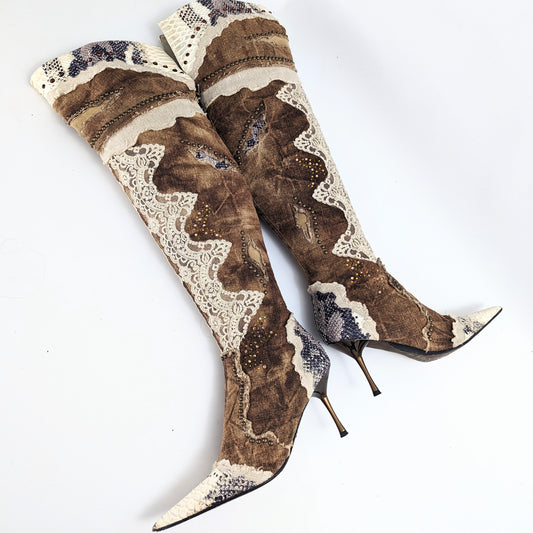 El Dantes brown thigh high boots decorated with pearl and lace - EU37|UK4|US6