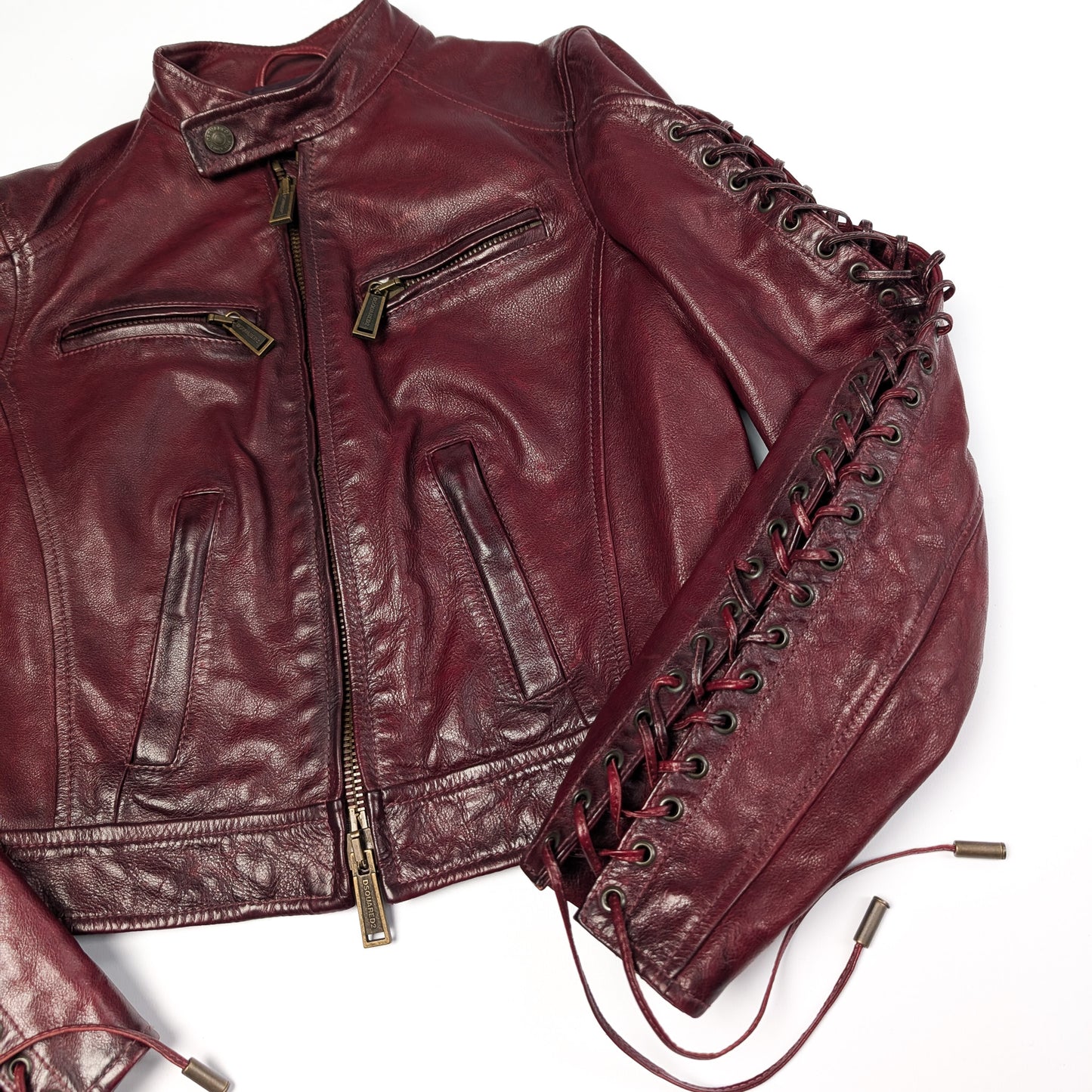 Dsquared2 Burgundy Lace-Up Leather Jacket