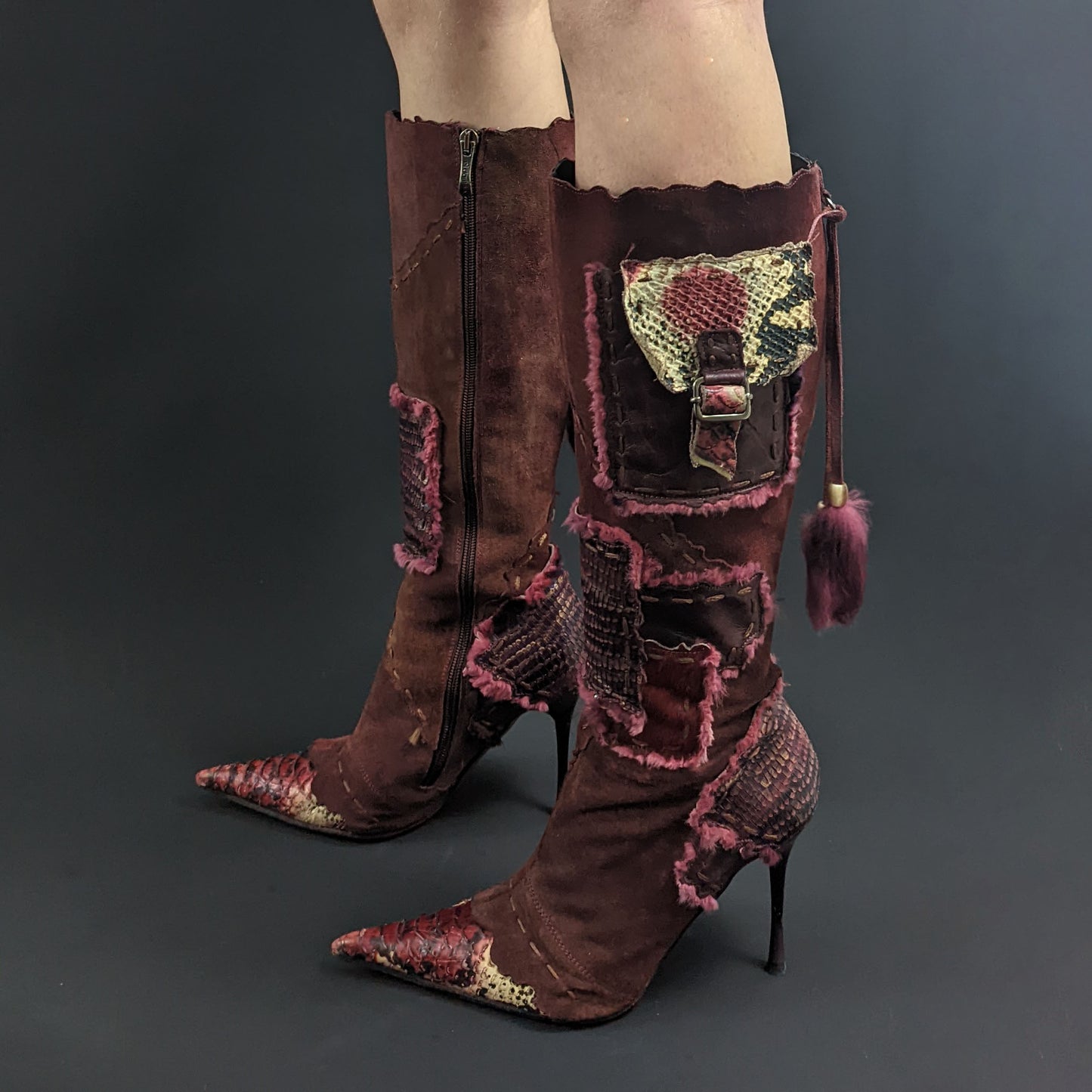 El Dantes boots in patchwork suede and reptile effect leather T37